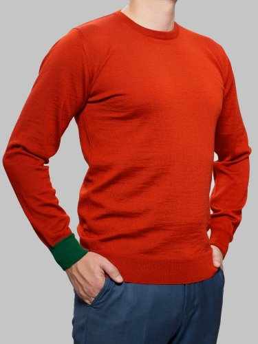 Pánský svetr ze 100% merino vlny s kulatým výstřihem oranžová/zelená Merino.Live