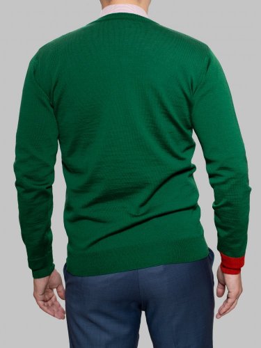Pánský svetr ze 100% merino vlny s V-výstřihem zelená/oranžová Merino.Live