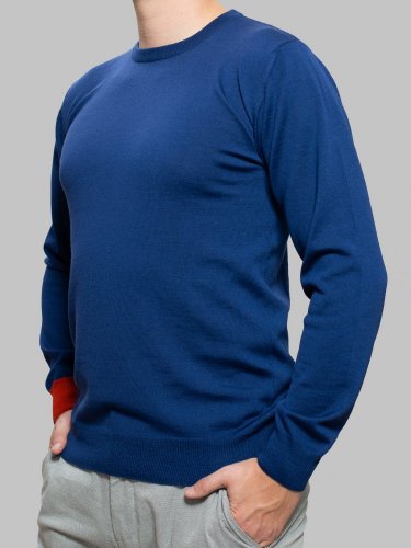Pánský svetr ze 100% merino vlny s kulatým výstřihem modrá/oranžová Merino.Live - Velikost: S