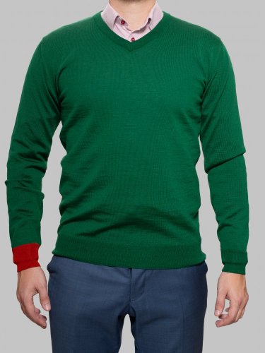 Pánský svetr ze 100% merino vlny s V-výstřihem zelená/oranžová Merino.Live - Velikost: S