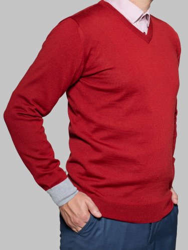 Men's merino wool V-neck sweater red/grey Merino.Live - Size: XL