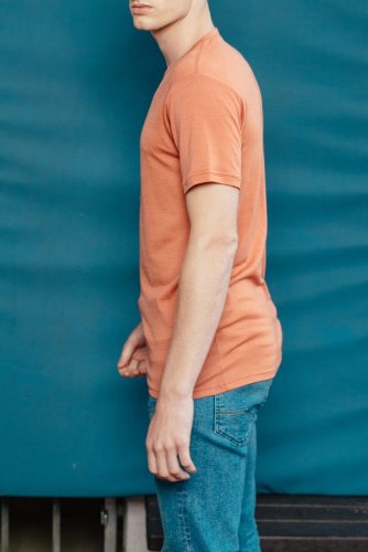 Men's short sleeve 100% merino wool T-shirt 160 red brick - blue Merino.live - Size: M