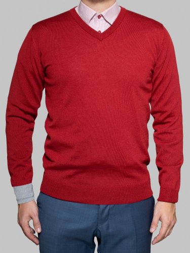 Pánský svetr ze 100% merino vlny s V-výstřihem červená/šedá Merino.Live - Velikost: M