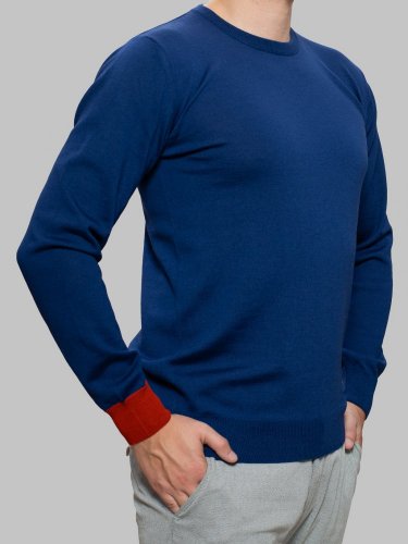 Pánský svetr ze 100% merino vlny s kulatým výstřihem modrá/oranžová Merino.Live - Velikost: S