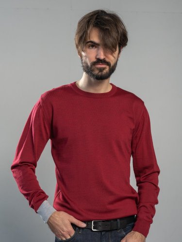 Pánský svetr ze 100% merino vlny s kulatým výstřihem červená/šedá Merino.live