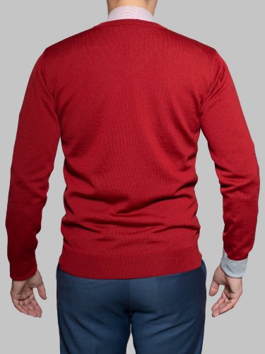 Pánský svetr ze 100% merino vlny s V-výstřihem červená/šedá Merino.Live - Velikost: M