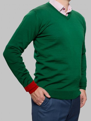 Pánský svetr ze 100% merino vlny s V-výstřihem zelená/oranžová Merino.Live - Velikost: S