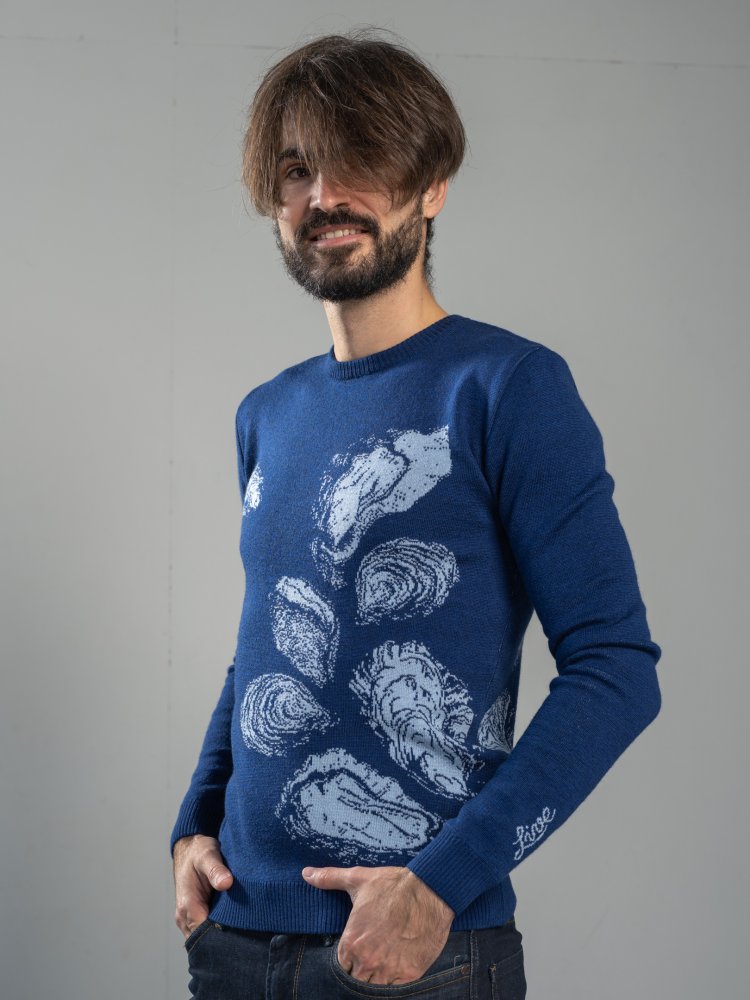 Pánský svetr ze 100% merino vlny Oyster Wave modrá Merino.live XL